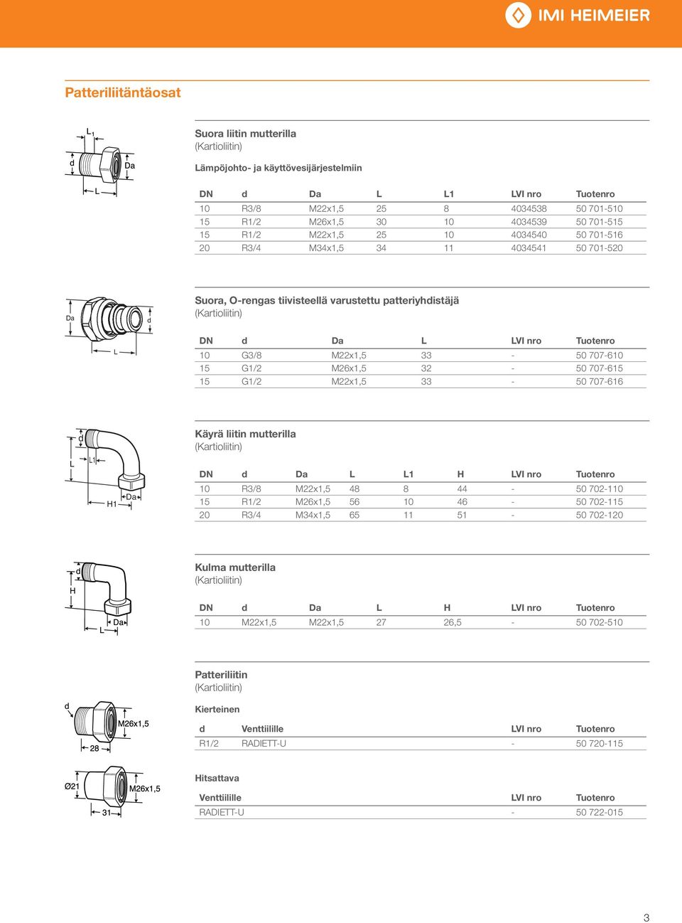 15 G1/2 M26x1,5 32-50 707-615 15 G1/2 M22x1,5 33-50 707-616 d L1 H1 Da Käyrä liitin mutterilla DN d Da L L1 H LVI nro Tuotenro 10 R3/8 M22x1,5 48 8 44-50 702-110 15 R1/2 M26x1,5 56 10 46-50 702-115