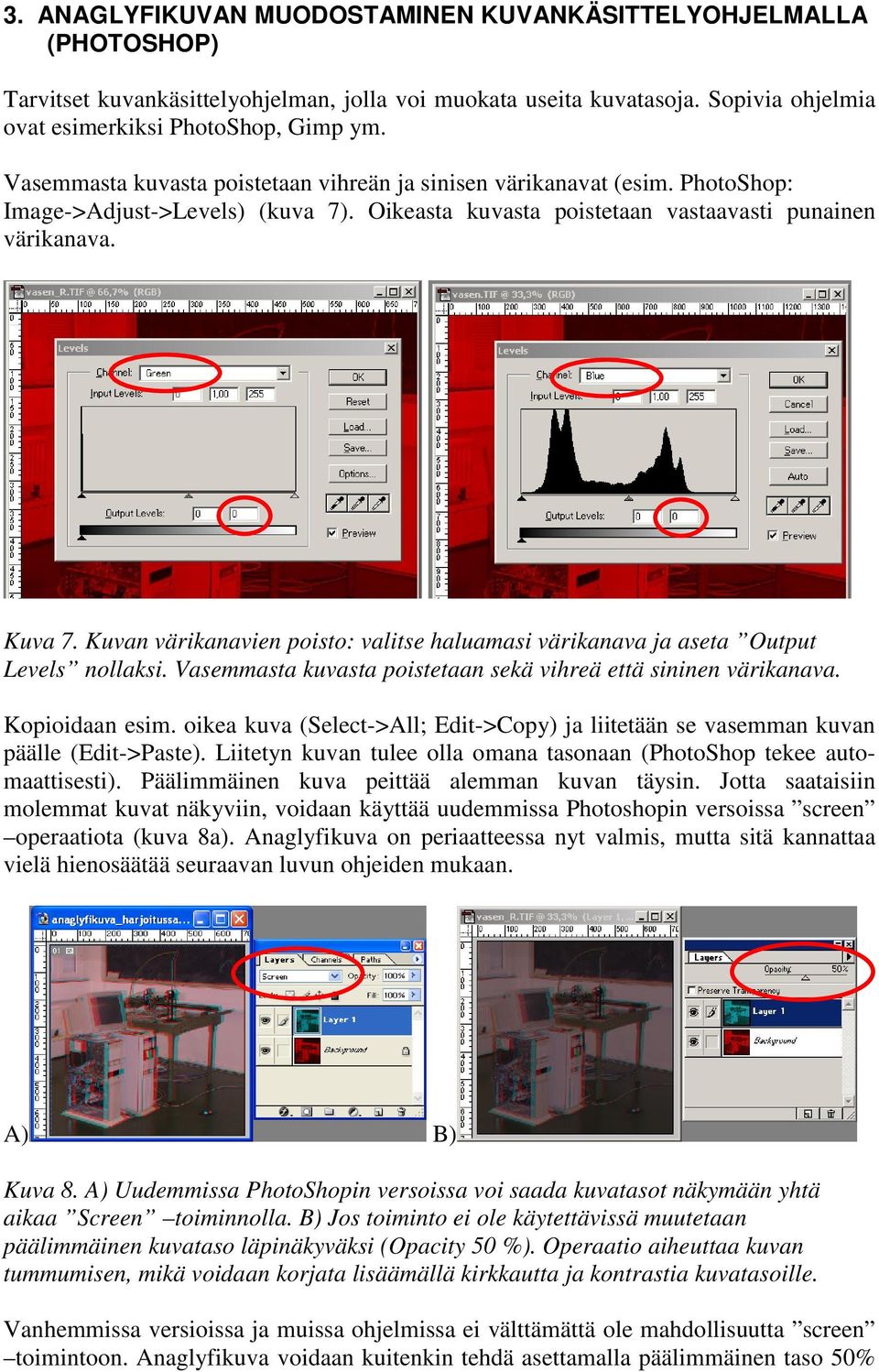 Kuvan värikanavien poisto: valitse haluamasi värikanava ja aseta Output Levels nollaksi. Vasemmasta kuvasta poistetaan sekä vihreä että sininen värikanava. Kopioidaan esim.