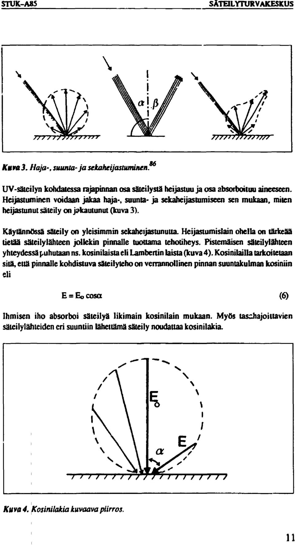 Heijastumisiani ohella on tärkeää tietää säteilylähteen jollekin pinnalle tuottama tehotiheys. Pistemäisen säteilylähteen yhteydessä puhutaan ns. kosinilaista eli Lambertin laista (kuva 4).