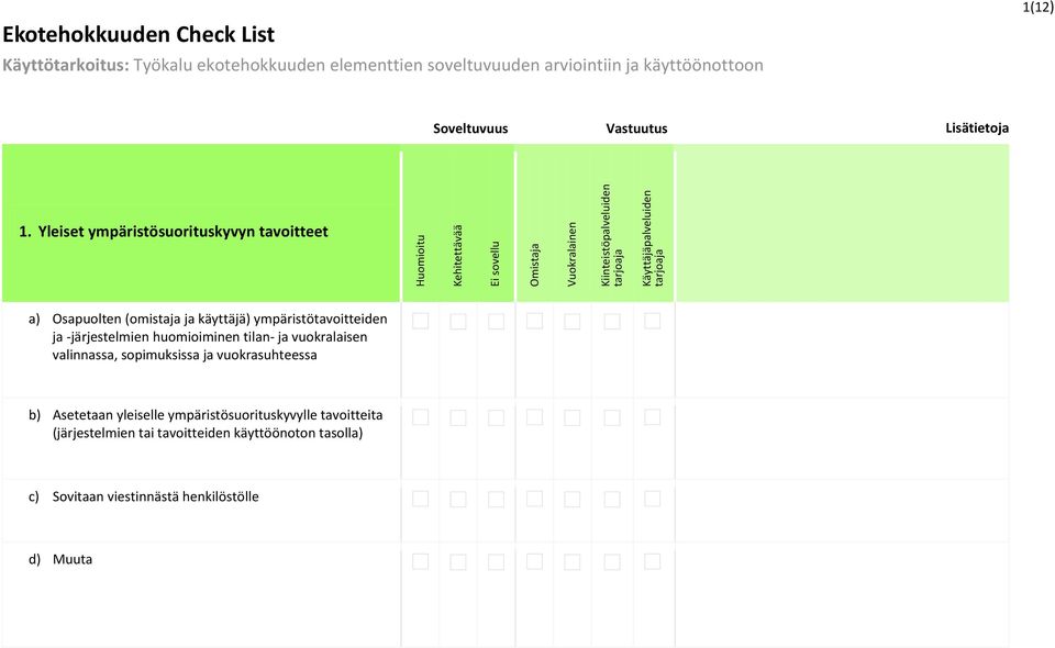 Yleiset ympäristösuorituskyvyn tavoitteet a) Osapuolten (omistaja ja käyttäjä) ympäristötavoitteiden ja -järjestelmien