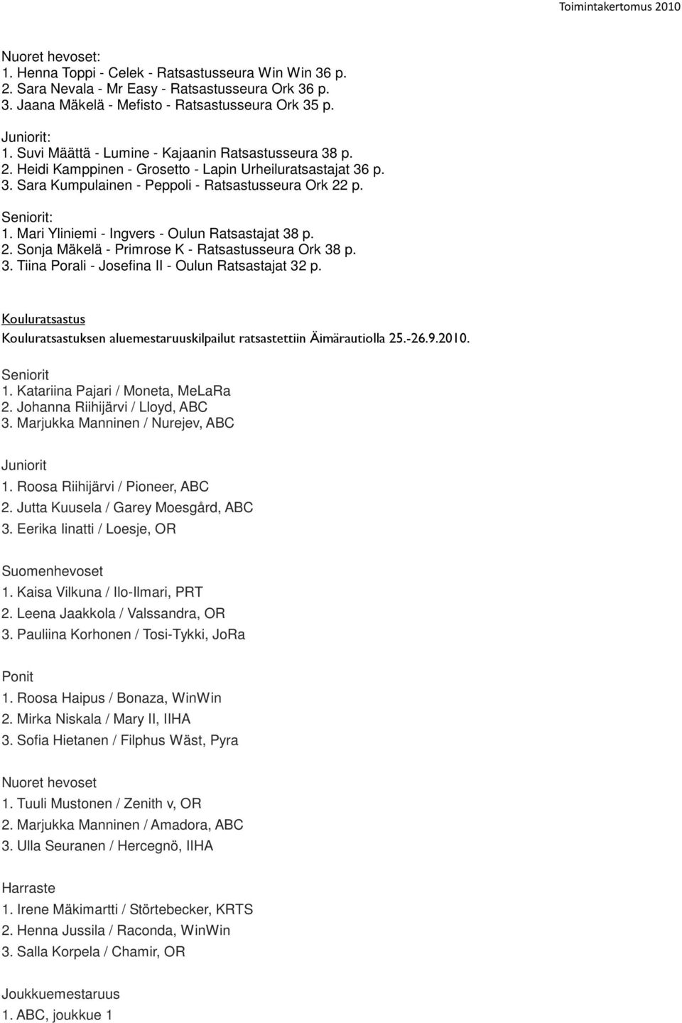 Mari Yliniemi - Ingvers - Oulun Ratsastajat 38 p. 2. Sonja Mäkelä - Primrose K - Ratsastusseura Ork 38 p. 3. Tiina Porali - Josefina II - Oulun Ratsastajat 32 p.