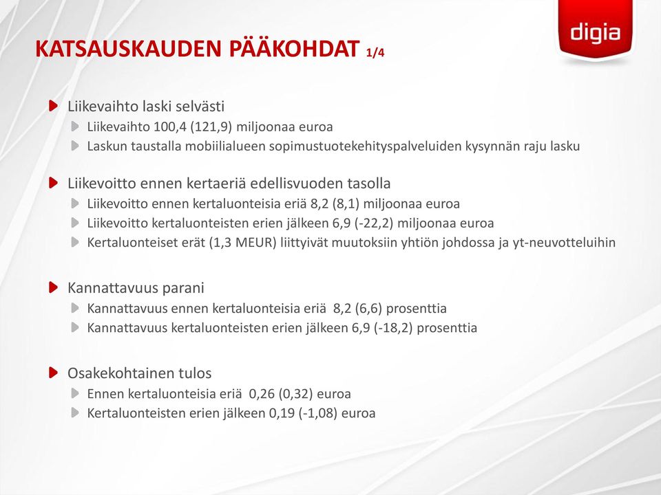 euroa Kertaluonteiset erät (1,3 MEUR) liittyivät muutoksiin yhtiön johdossa ja yt-neuvotteluihin Kannattavuus parani Kannattavuus ennen kertaluonteisia eriä 8,2 (6,6) prosenttia