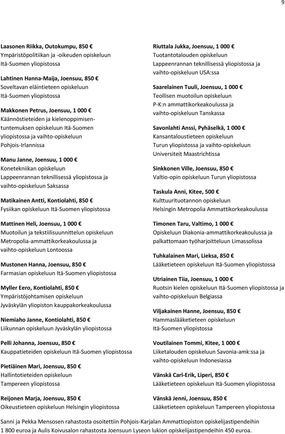 opiskeluun Lappeenrannan teknillisessä yliopistossa ja vaihto opiskeluun Saksassa Matikainen Antti, Kontiolahti, 850 Fysiikan opiskeluun Itä Suomen yliopistossa Mattinen Heli, Joensuu, 1 000