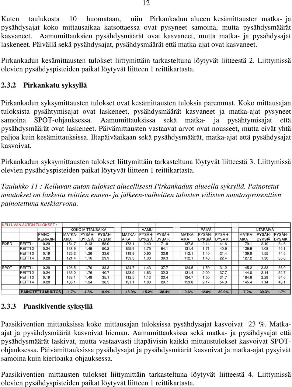 Pirkankadun kesämittausten tulokset liittymittäin tarkasteltuna löytyvät liitteestä 2. Liittymissä olevien pysähdyspisteiden paikat löytyvät liitteen 1 reittikartasta. 2.3.