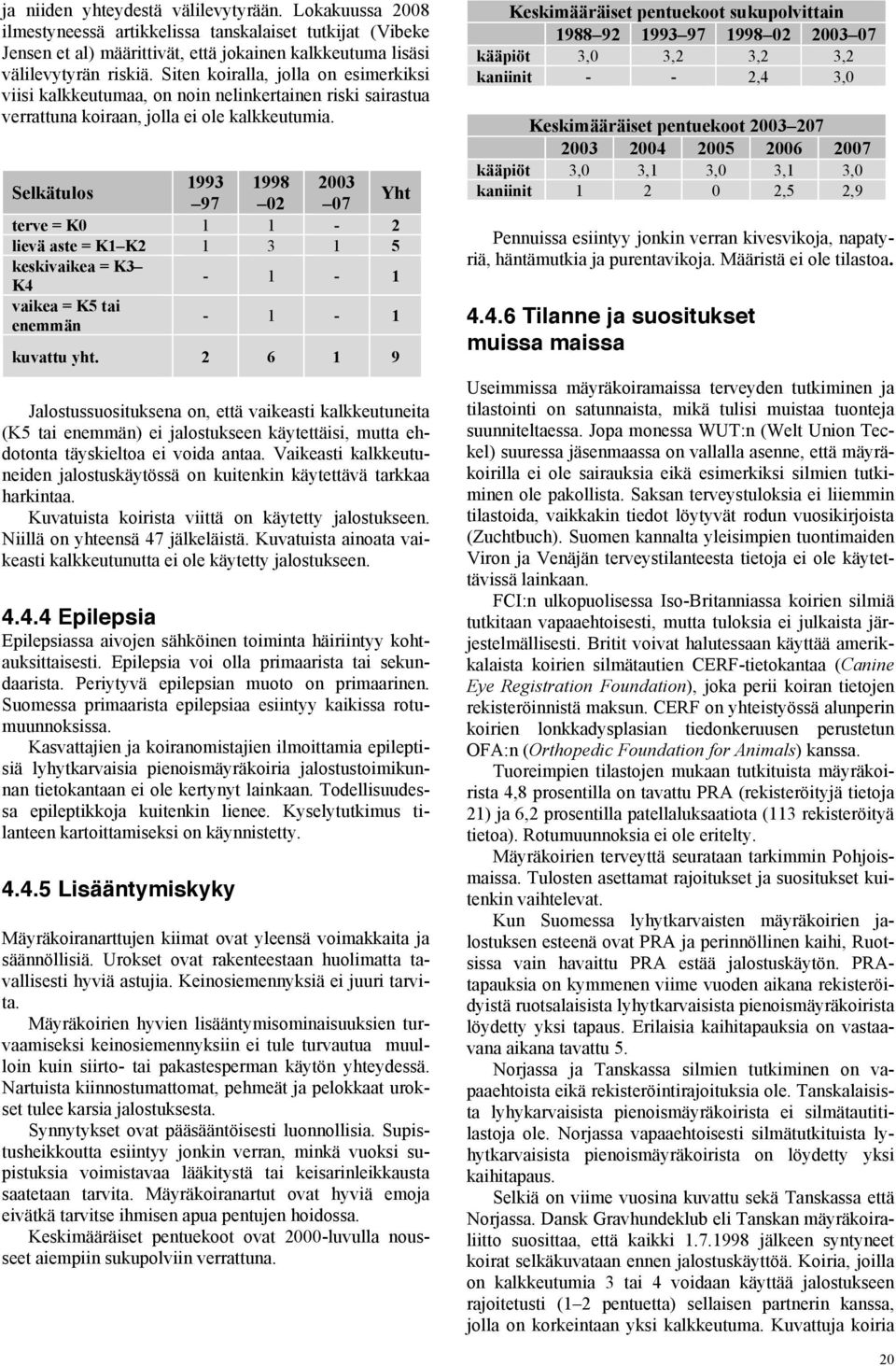 Selkätulos 1993 1998 2003 97 02 07 Yht terve = K0 1 1-2 lievä aste = K1 K2 1 3 1 5 keskivaikea = K3 K4-1 - 1 vaikea = K5 tai enemmän - 1-1 kuvattu yht.