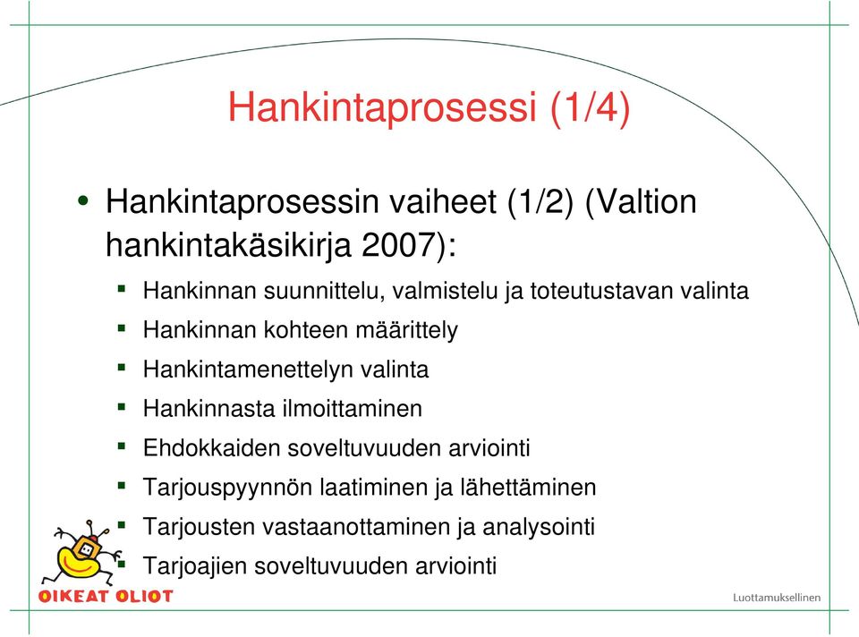 Hankintamenettelyn valinta Hankinnasta ilmoittaminen Ehdokkaiden soveltuvuuden arviointi