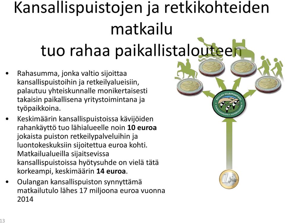 Keskimäärin kansallispuistoissa kävijöiden rahankäyttö tuo lähialueelle noin 10 euroa jokaista puiston retkeilypalveluihin ja luontokeskuksiin