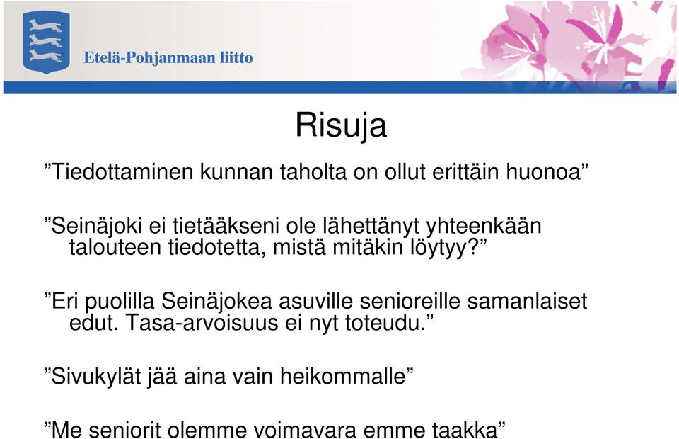 Eri puolilla Seinäjokea asuville senioreille samanlaiset edut.