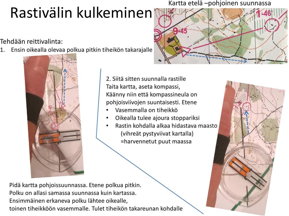 Etene Vasemmalla on tiheikkö Oikealla tulee ajoura stoppariksi Rastin kohdalla alkaa hidastava maasto (vihreät pystyviivat kartalla) =harvennetut puut maassa