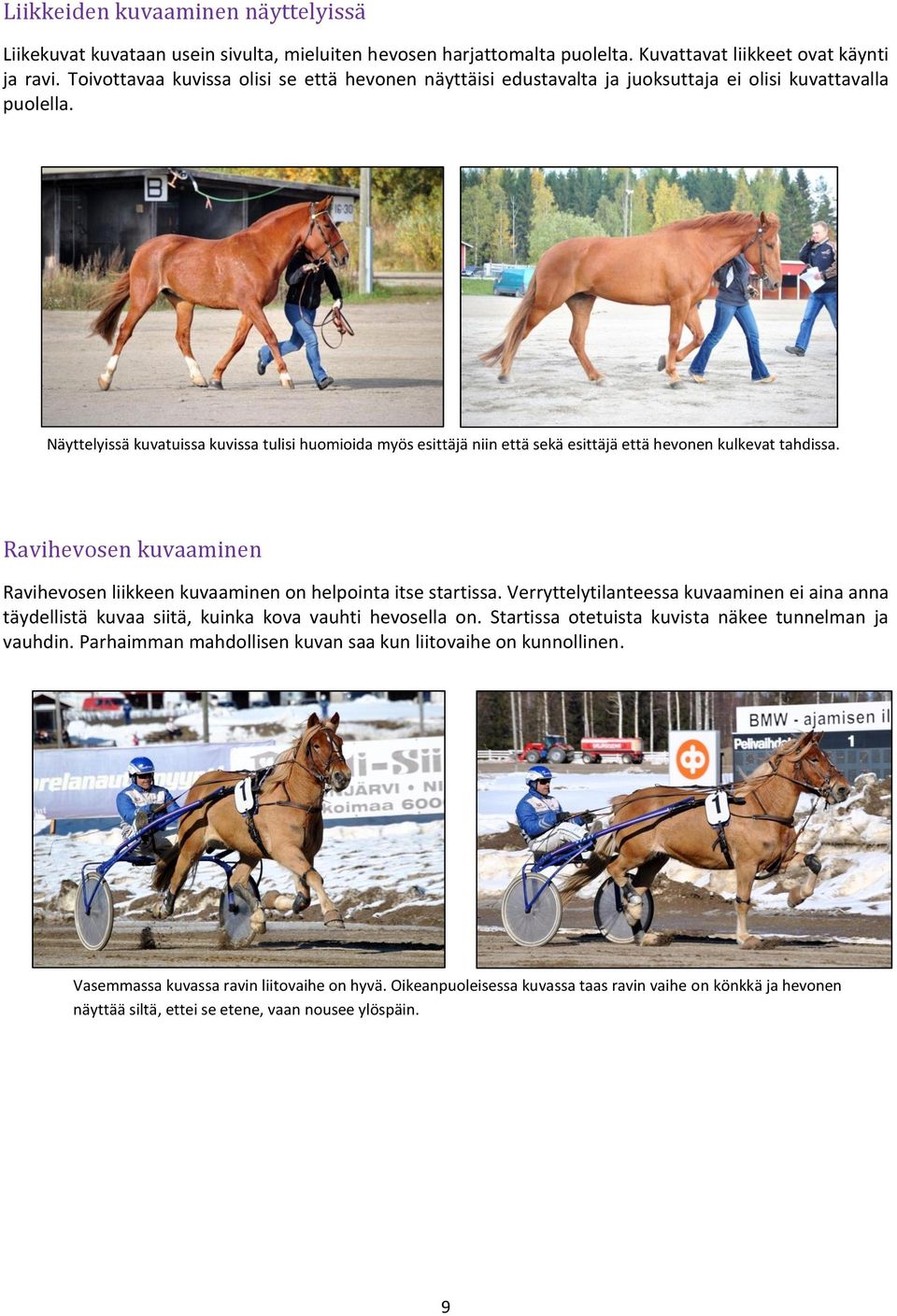 Näyttelyissä kuvatuissa kuvissa tulisi huomioida myös esittäjä niin että sekä esittäjä että hevonen kulkevat tahdissa.