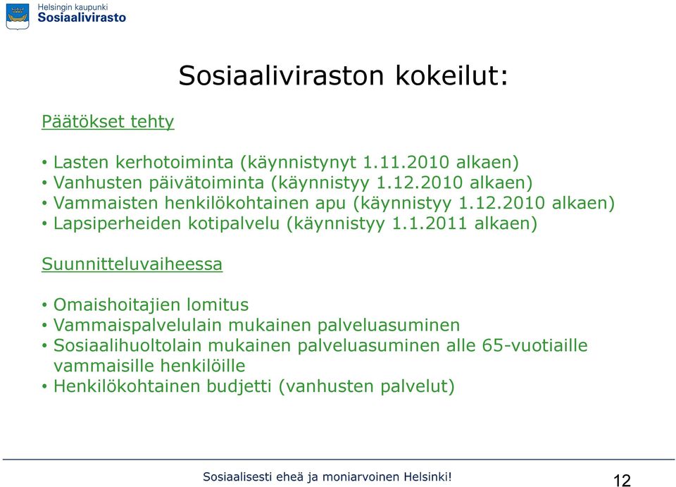 1.2011 alkaen) Suunnitteluvaiheessa Omaishoitajien lomitus Vammaispalvelulain mukainen palveluasuminen Sosiaalihuoltolain