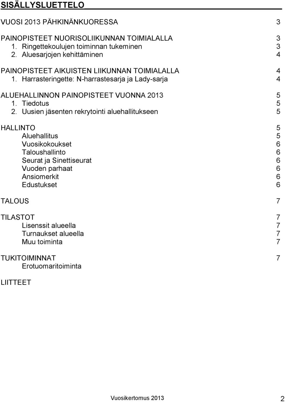 Harrasteringette: N-harrastesarja ja Lady-sarja 4 ALUEHALLINNON PAINOPISTEET VUONNA 2013 5 1. Tiedotus 5 2.