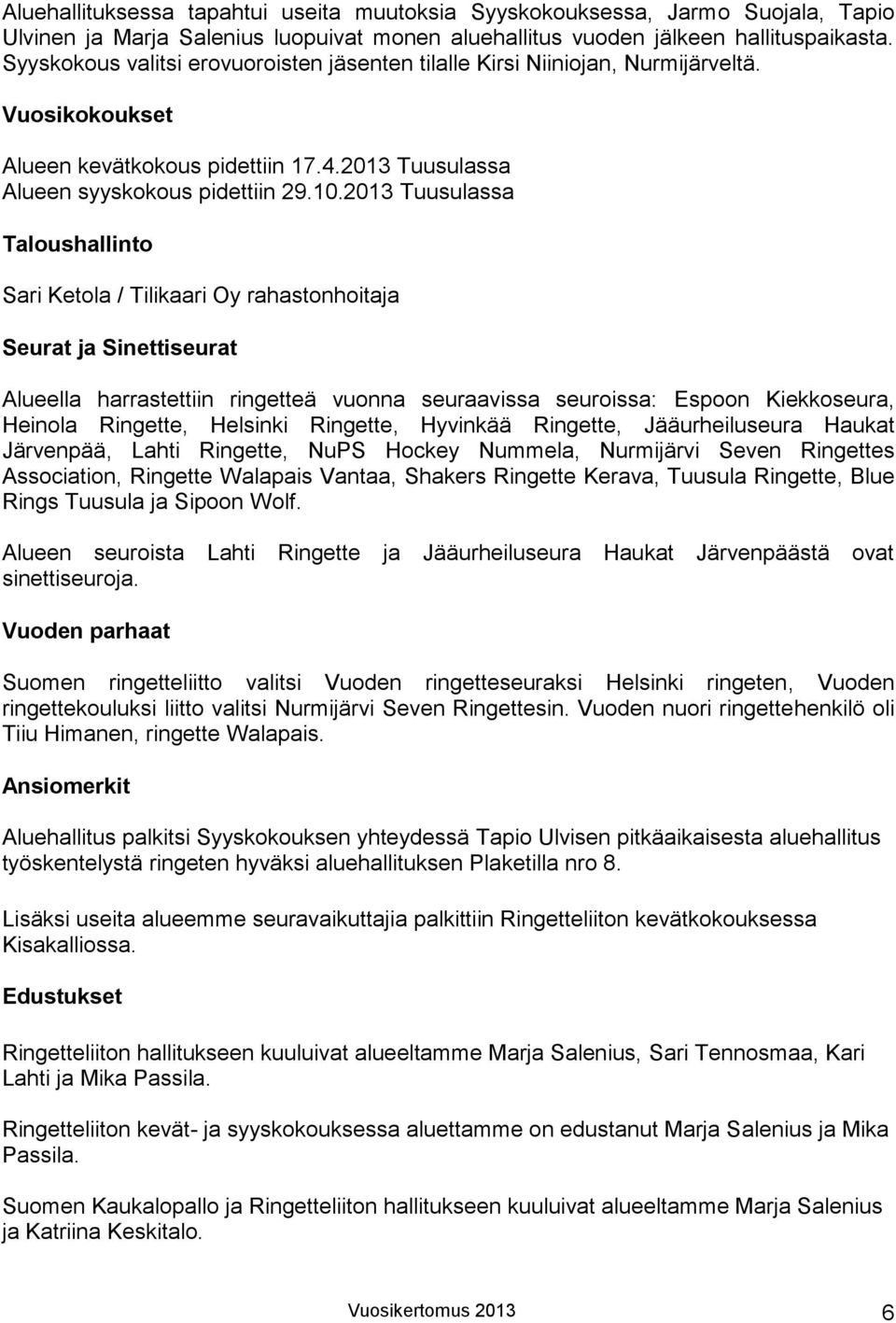 2013 Tuusulassa Taloushallinto Sari Ketola / Tilikaari Oy rahastonhoitaja Seurat ja Sinettiseurat Alueella harrastettiin ringetteä vuonna seuraavissa seuroissa: Espoon Kiekkoseura, Heinola Ringette,