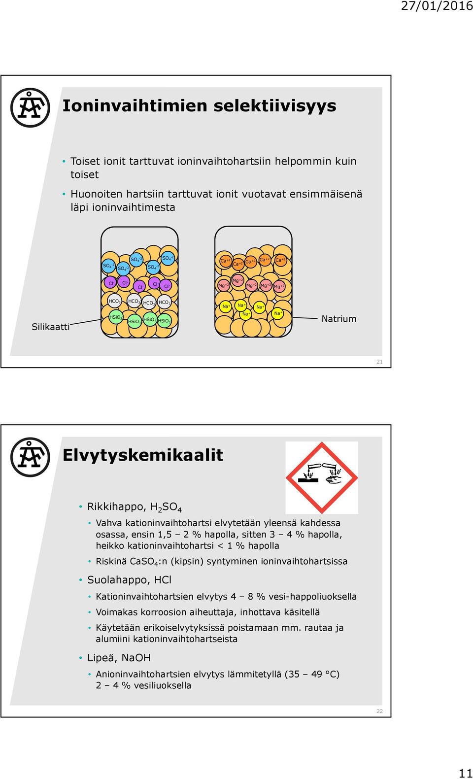 elvytetään yleensä kahdessa osassa, ensin 1,5 2 % hapolla, sitten 3 4 % hapolla, heikko kationinvaihtohartsi < 1 % hapolla Riskinä Ca :n (kipsin) syntyminen ioninvaihtohartsissa Suolahappo, HCl