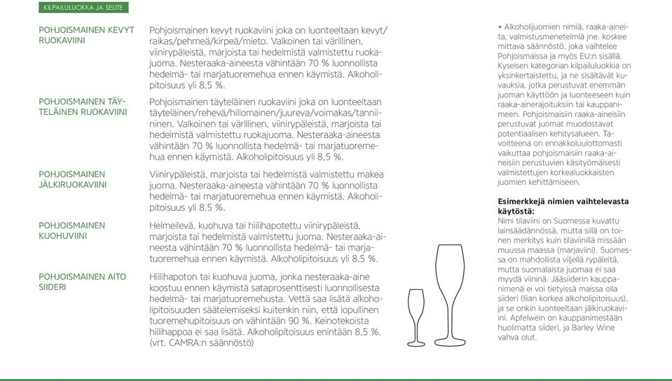 Nesteraaka-aineesta vähintään 70 % luonnollista hedelmä- tai marjatuoremehua ennen käymistä. Alkoholipitoisuus yli 8,5 %.