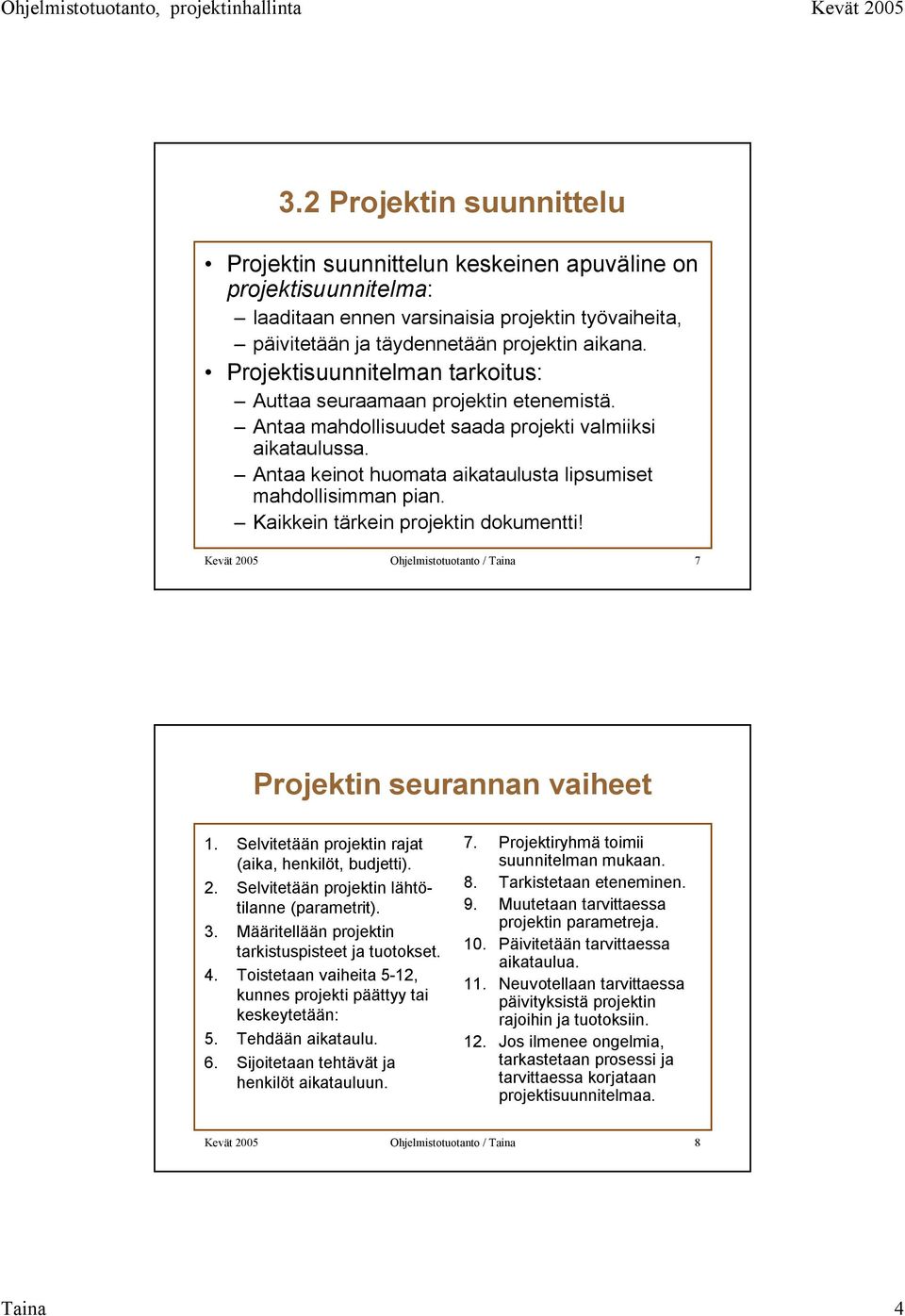 Kaikkein tärkein projektin dokumentti! Kevät 2005 Ohjelmistotuotanto / Taina 7 Projektin seurannan vaiheet 1. Selvitetään projektin rajat (aika, henkilöt, budjetti). 2. Selvitetään projektin lähtötilanne (parametrit).