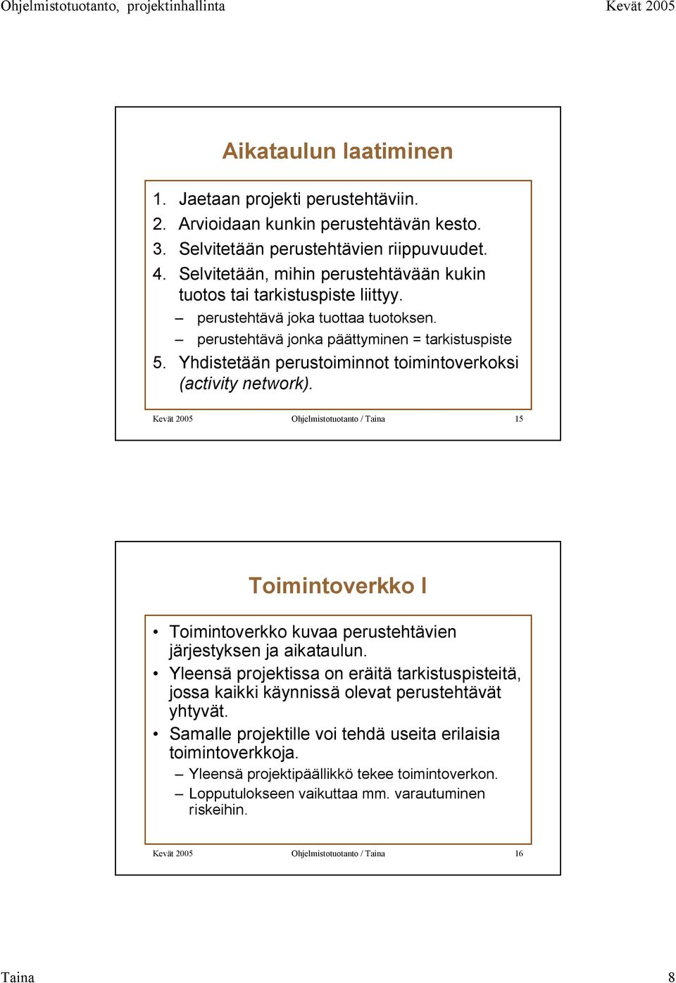 Yhdistetään perustoiminnot toimintoverkoksi (activity network). Kevät 2005 Ohjelmistotuotanto / Taina 15 Toimintoverkko I Toimintoverkko kuvaa perustehtävien järjestyksen ja aikataulun.