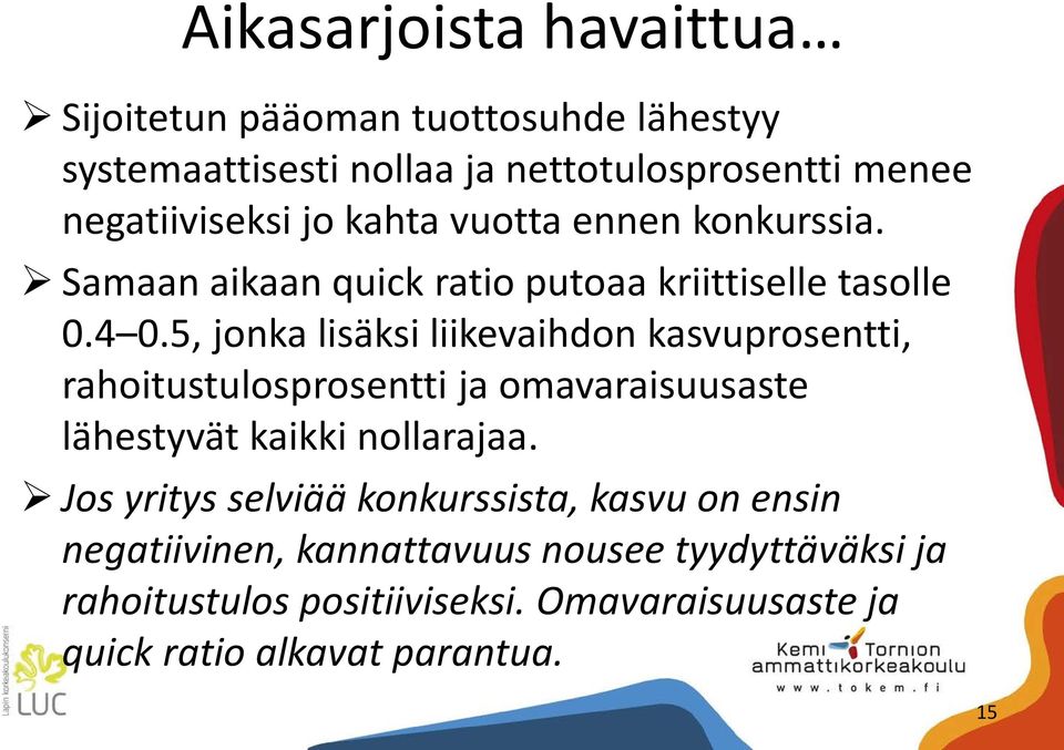 5, jonka lisäksi liikevaihdon kasvuprosentti, rahoitustulosprosentti ja omavaraisuusaste lähestyvät kaikki nollarajaa.