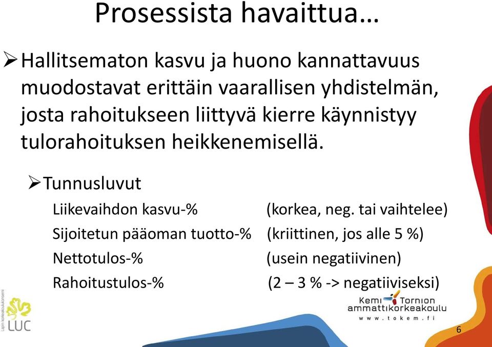 heikkenemisellä. Tunnusluvut Liikevaihdon kasvu-% (korkea, neg.