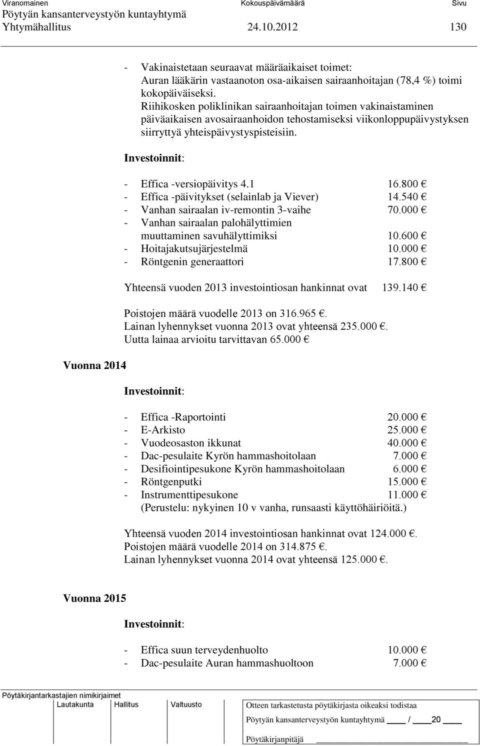 Investoinnit: - Effica -versiopäivitys 4.1 16.800 - Effica -päivitykset (selainlab ja Viever) 14.540 - Vanhan sairaalan iv-remontin 3-vaihe 70.