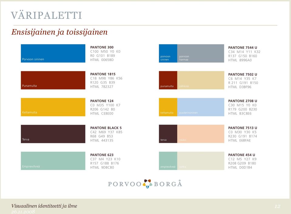 G142 B0 HTML CE8E00 keltmult puuterinsininen PANTONE 2708 U C30 M15 Y0 K0 R179 G200 B230 HTML B3C8E6 Terv PANTONE BLACK 5 C42 M69 Y37 K85 R68 G49 B53 HTML 443135 terv ruusu PANTONE