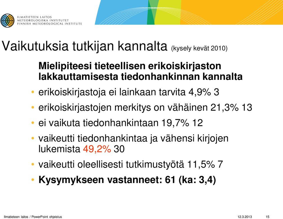 13 ei vaikuta tiedonhankintaan 19,7% 12 vaikeutti tiedonhankintaa ja vähensi kirjojen lukemista 49,2% 30 vaikeutti