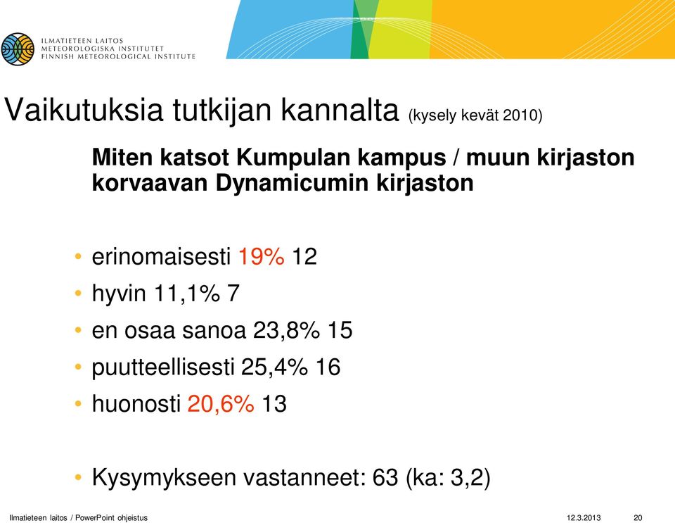 11,1% 7 en osaa sanoa 23,8% 15 puutteellisesti 25,4% 16 huonosti 20,6% 13