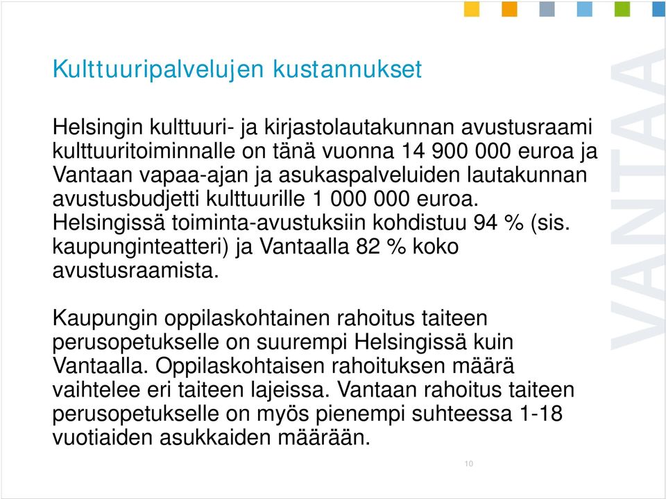 kaupunginteatteri) ja Vantaalla 82 % koko avustusraamista. Kaupungin oppilaskohtainen rahoitus taiteen perusopetukselle on suurempi Helsingissä kuin Vantaalla.