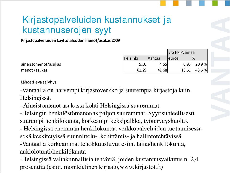 - Aineistomenot asukasta kohti Helsingissä suuremmat -Helsingin henkilöstömenot/as paljon suuremmat. Syyt:suhteellisesti suurempi henkilökunta, korkeampi keksipalkka, työterveyshuolto.