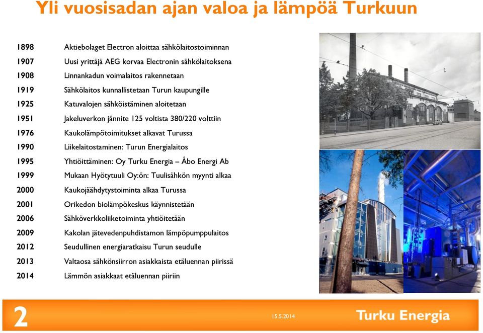 Liikelaitostaminen: Turun Energialaitos 1995 Yhtiöittäminen: Oy Turku Energia Åbo Energi Ab 1999 Mukaan Hyötytuuli Oy:ön: Tuulisähkön myynti alkaa 2000 Kaukojäähdytystoiminta alkaa Turussa 2001