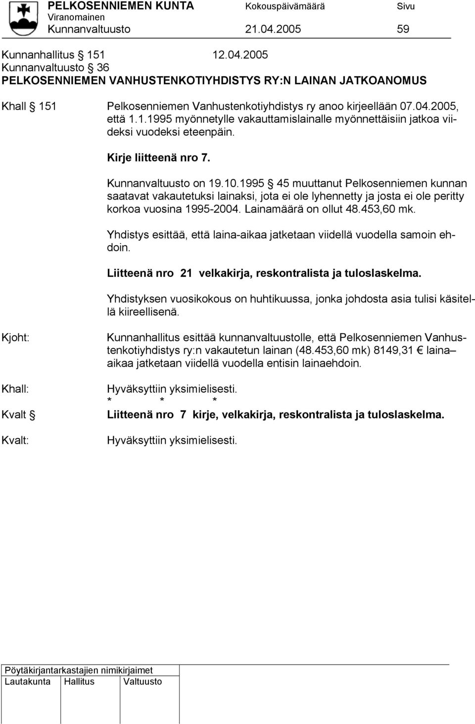 Khall 151 Pelkosenniemen Vanhustenkotiyhdistys ry anoo kirjeellään 07.04.2005, että 1.1.1995 myönnetylle vakauttamislainalle myönnettäisiin jatkoa vii- deksi vuodeksi eteenpäin.
