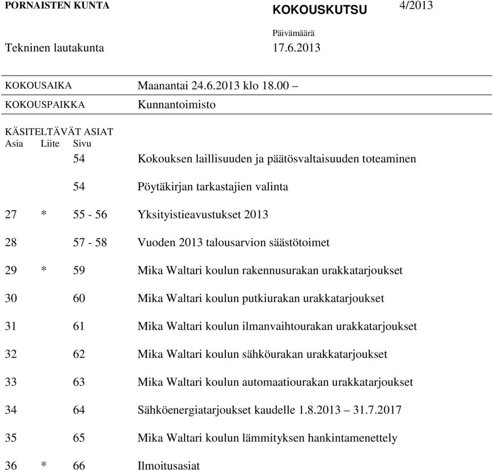 2013 28 57-58 Vuoden 2013 talousarvion säästötoimet 29 * 59 Mika Waltari koulun rakennusurakan urakkatarjoukset 30 60 Mika Waltari koulun putkiurakan urakkatarjoukset 31 61 Mika Waltari koulun