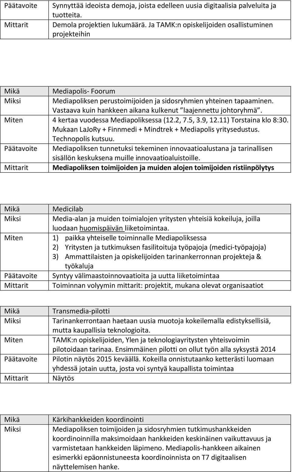 Vastaava kuin hankkeen aikana kulkenut laajennettu johtoryhmä. 4 kertaa vuodessa Mediapoliksessa (12.2, 7.5, 3.9, 12.11) Torstaina klo 8:30.