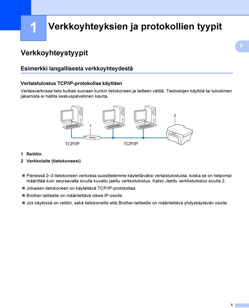 TCP/IP TCP/IP 1 Reititin 2 Verkkolaite (tietokoneesi) Pienessä 2 3 tietokoneen verkossa suosittelemme käytettäväksi vertaistulostusta, koska se on helpompi määrittää kuin seuraavalla sivulla