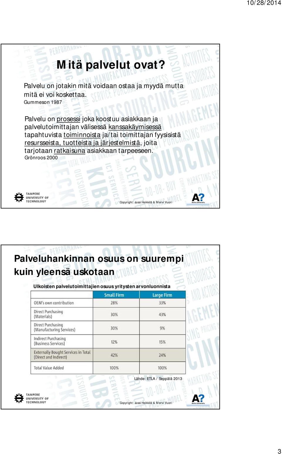 toiminnoista ja/tai toimittajan fyysisistä resursseista, tuotteista ja järjestelmistä, joita tarjotaan ratkaisuna asiakkaan