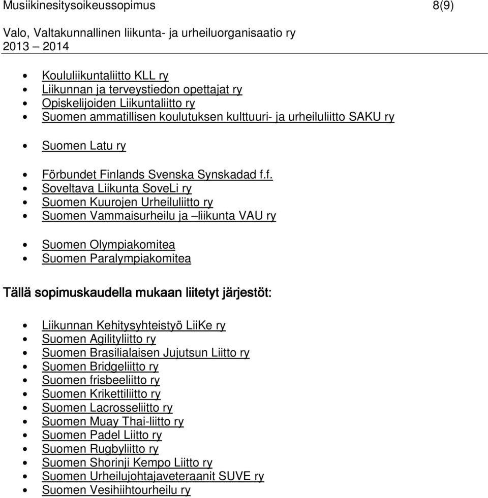 f. Soveltava Liikunta SoveLi ry Suomen Kuurojen Urheiluliitto ry Suomen Vammaisurheilu ja liikunta VAU ry Suomen Olympiakomitea Suomen Paralympiakomitea Tällä sopimuskaudella mukaan liitetyt