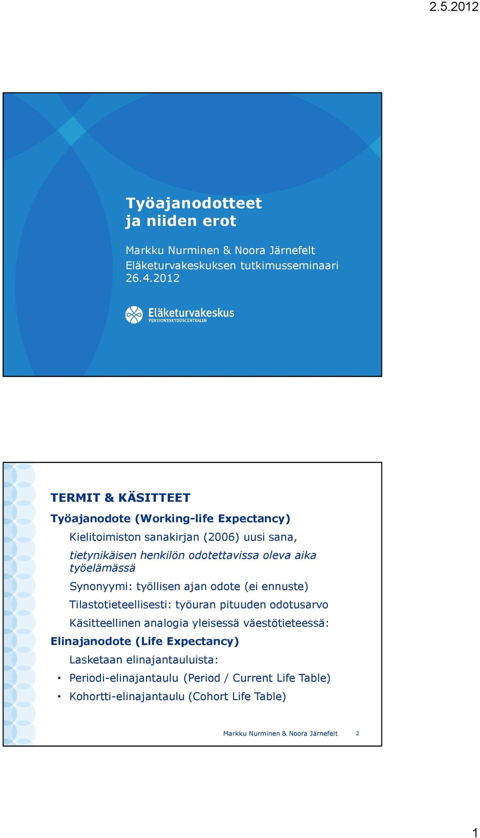 aika työelämässä Synonyymi: työllisen ajan odote (ei ennuste) Tilastotieteellisesti: työuran pituuden odotusarvo Käsitteellinen analogia yleisessä