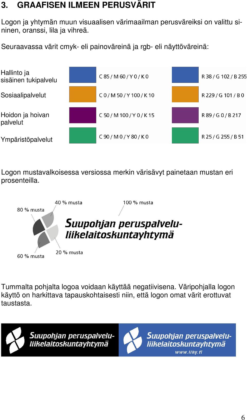 palvelut Ympäristöpalvelut Logon mustavalkoisessa versiossa merkin värisävyt painetaan mustan eri prosenteilla.