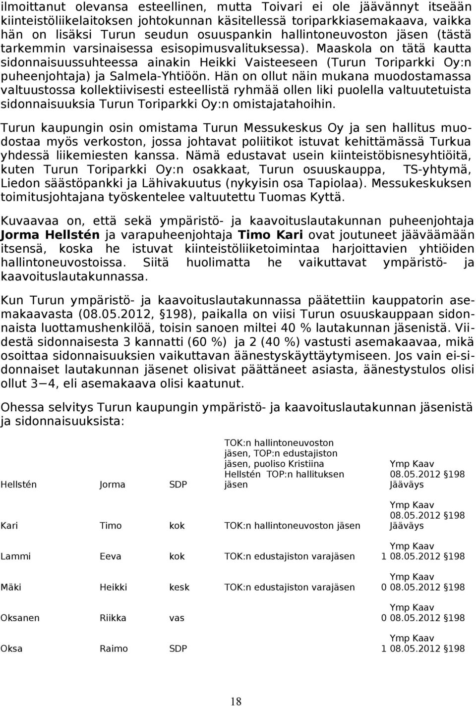 Maaskola on tätä kautta sidonnaisuussuhteessa ainakin Heikki Vaisteeseen (Turun Toriparkki Oy:n puheenjohtaja) ja Salmela-Yhtiöön.