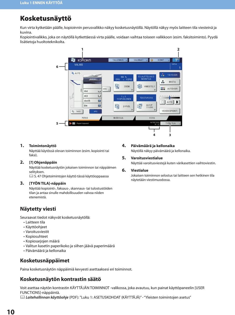 Toimintonäyttö Näyttää käytössä olevan toiminnon (esim. kopiointi tai faksi).. [?] Ohjenäppäin Näyttää kosketusnäytön jokaisen toiminnon tai näppäimen selityksen. S.