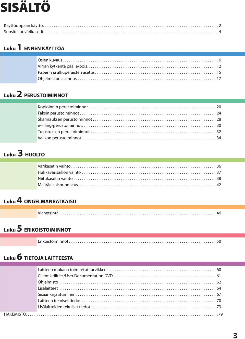 ...34 Luku 3 HUOLTO Värikasetin vaihto....36 Hukkavärisäiliön vaihto....37 Niittikasetin vaihto....38 Määräaikaispuhdistus....4 Luku 4 ONGELMANRATKAISU Vianetsintä.