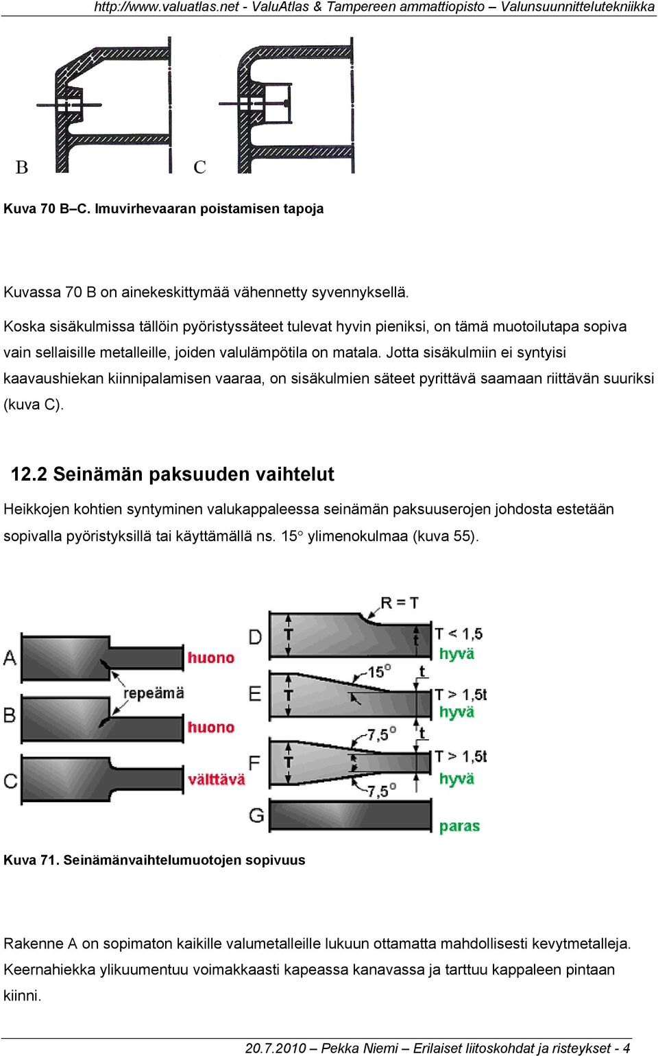 Jotta sisäkulmiin ei syntyisi kaavaushiekan kiinnipalamisen vaaraa, on sisäkulmien säteet pyrittävä saamaan riittävän suuriksi (kuva C). 12.