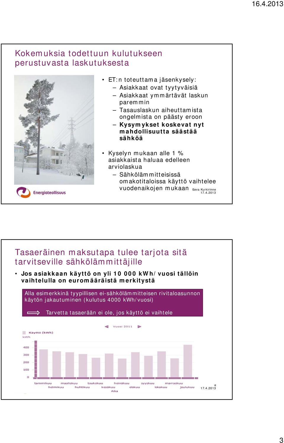 käyttö vaihtelee vuodenaikojen mukaan Tasaeräinen maksutapa tulee tarjota sitä tarvitseville sähkölämmittäjille Jos asiakkaan käyttö on yli 10 000 kwh/vuosi tällöin vaihtelulla on