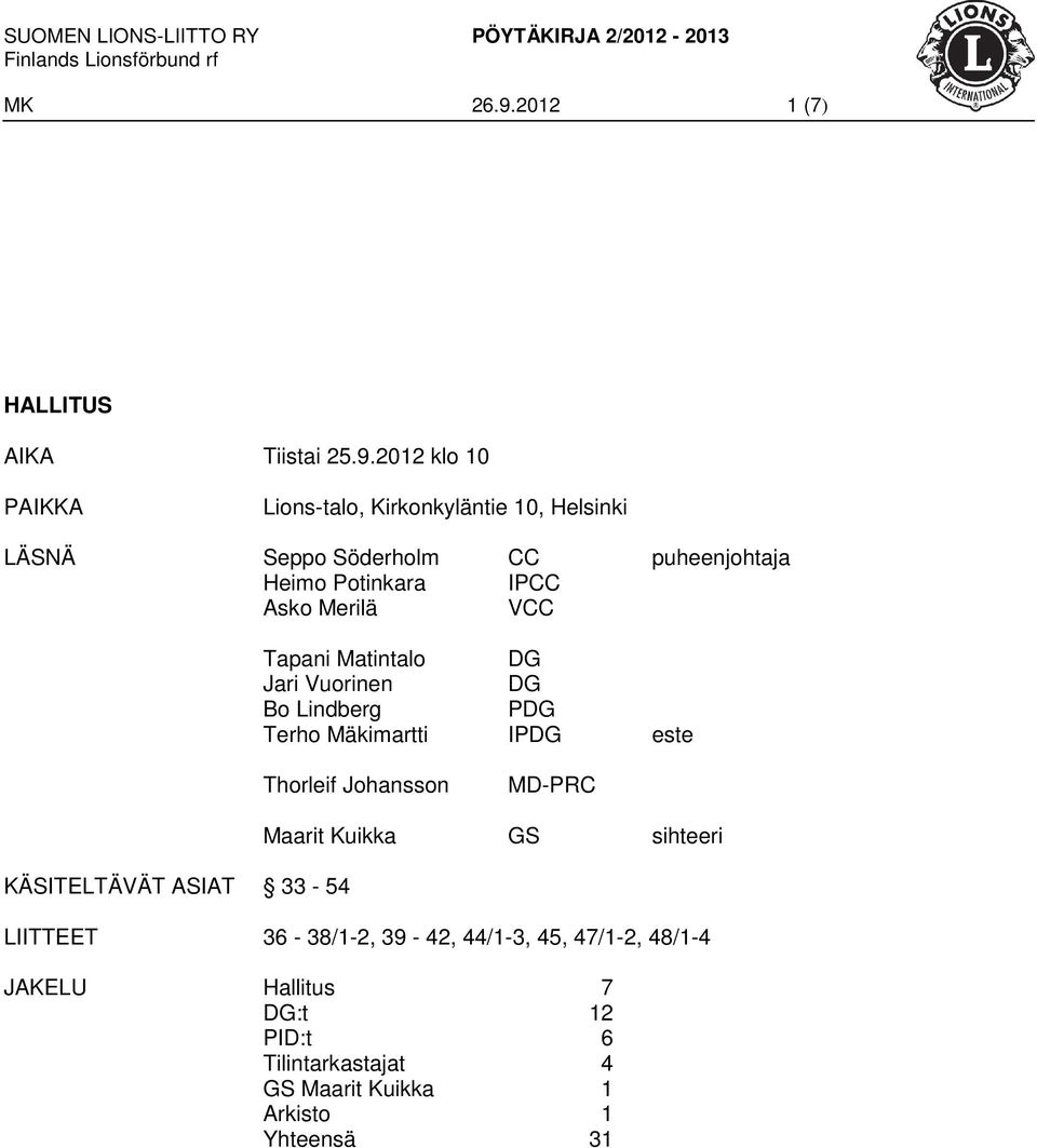 2012 klo 10 PAIKKA Lions-talo, Kirkonkyläntie 10, Helsinki LÄSNÄ Seppo Söderholm CC puheenjohtaja Heimo Potinkara IPCC Asko Merilä