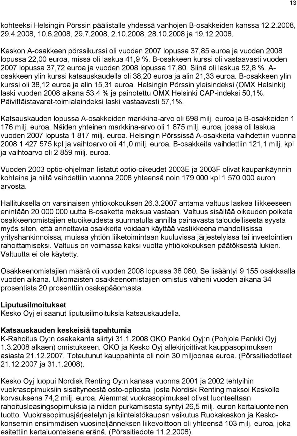 B-osakkeen ylin kurssi oli 38,12 ja alin 15,31. Helsingin Pörssin yleisindeksi (OMX Helsinki) laski vuoden aikana 53,4 % ja painotettu OMX Helsinki CAP-indeksi 50,1%.