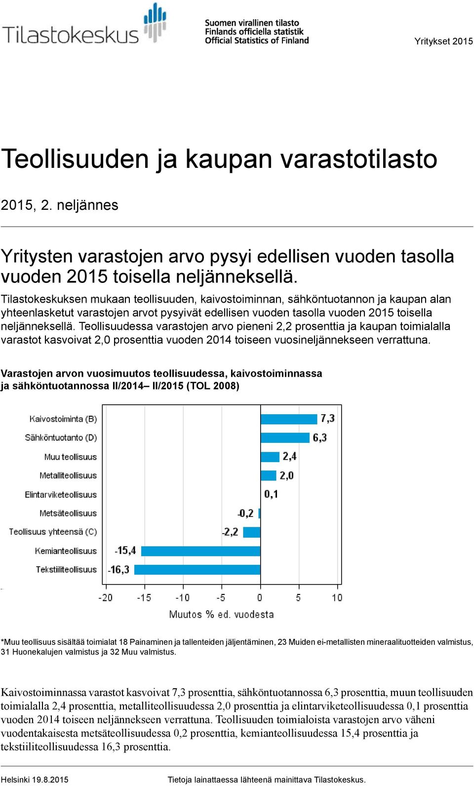 Teollisuudessa varastojen arvo pieneni 2,2 prosenttia ja kaupan toimialalla varastot kasvoivat 2,0 prosenttia vuoden 2014 toiseen vuosineljännekseen verrattuna.