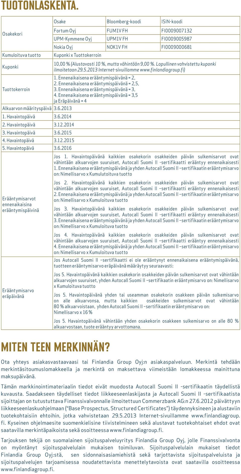 10,00 % (Alustavasti 10 %, mutta vähintään 9,00 %. Lopullinen vahvistettu kuponki ilmoitetaan 29.5.2013 Internet-sivuillamme www.finlandiagroup.fi) 1. Ennenaikaisena erääntymispäivänä = 2, 2.