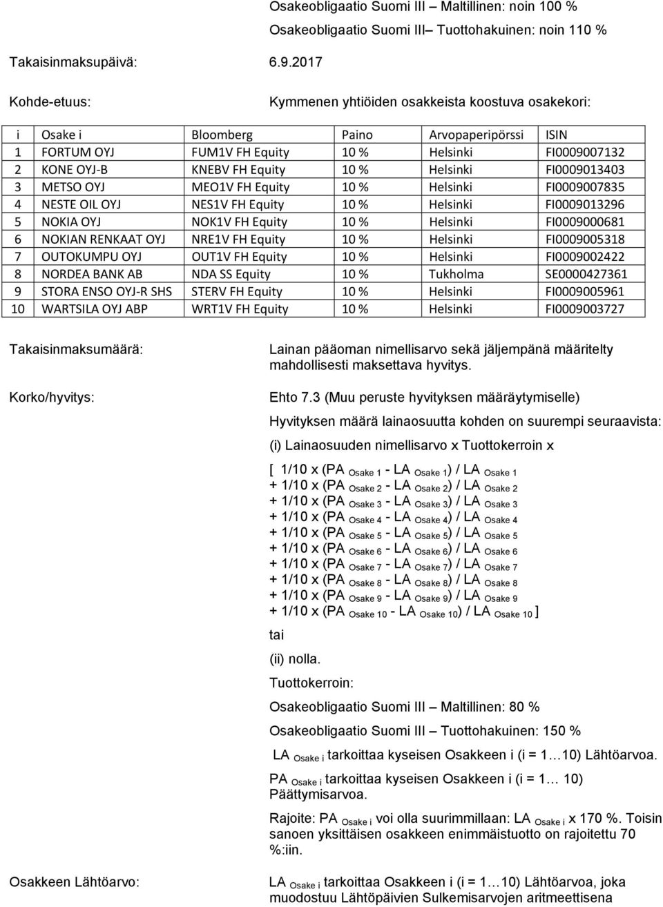 Arvopaperipörssi ISIN 1 FORTUM OYJ FUM1V FH Equity 10 % Helsinki FI0009007132 2 KONE OYJ-B KNEBV FH Equity 10 % Helsinki FI0009013403 3 METSO OYJ MEO1V FH Equity 10 % Helsinki FI0009007835 4 NESTE