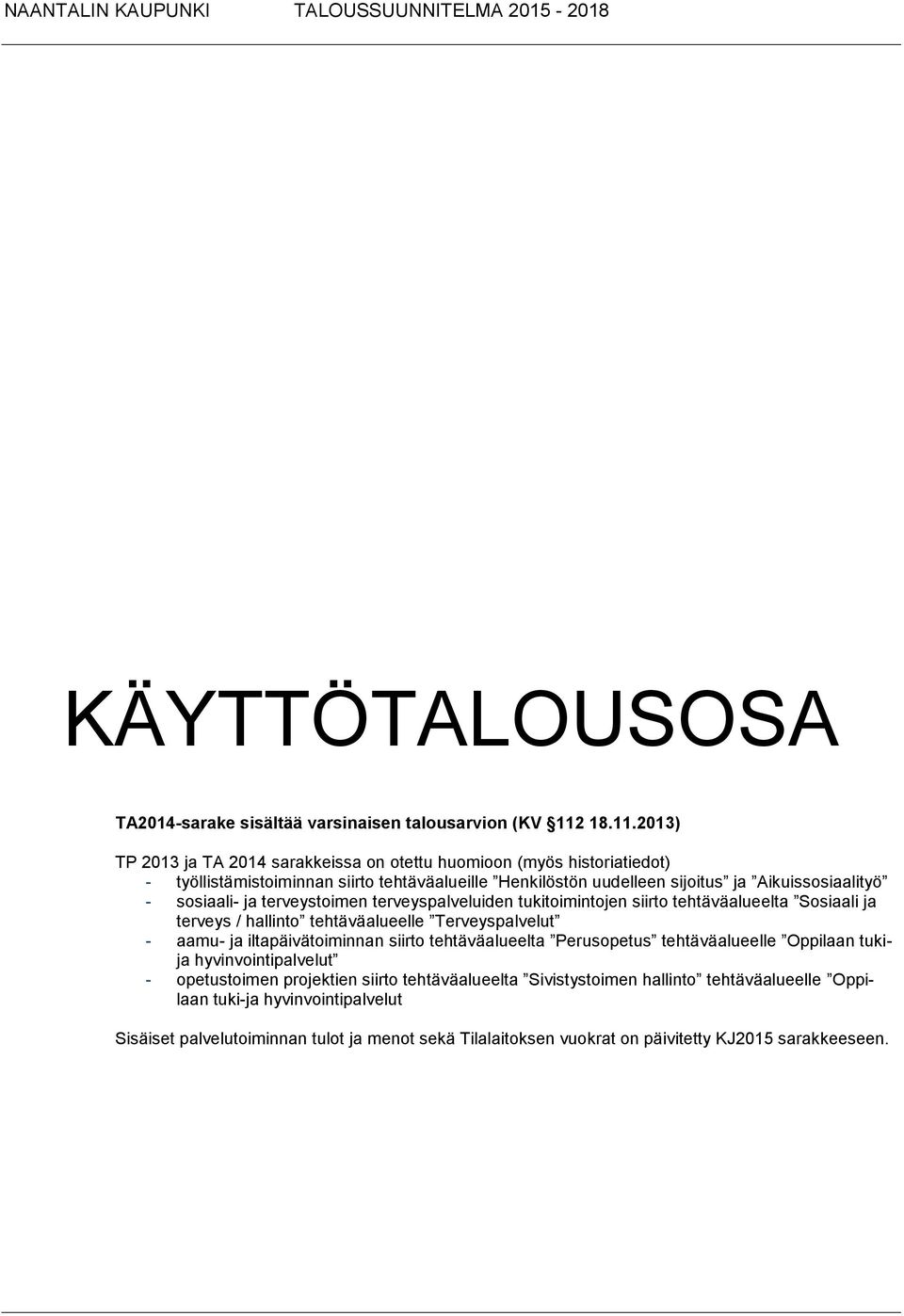 2013) TP 2013 ja TA 2014 sarakkeissa on otettu huomioon (myös historiatiedot) - työllistämistoiminnan siirto tehtäväalueille Henkilöstön uudelleen sijoitus ja Aikuissosiaalityö -