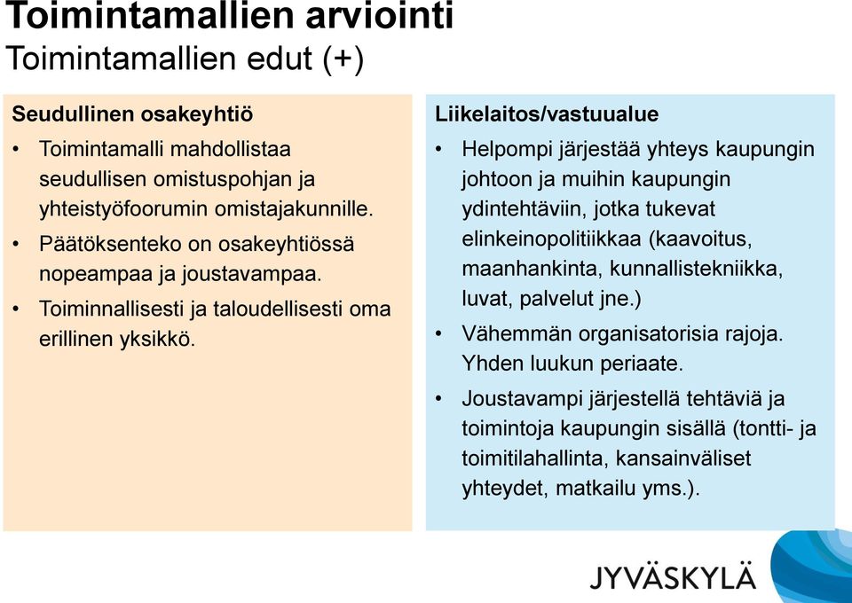 Liikelaitos/vastuualue Helpompi järjestää yhteys kaupungin johtoon ja muihin kaupungin ydintehtäviin, jotka tukevat elinkeinopolitiikkaa (kaavoitus, maanhankinta,